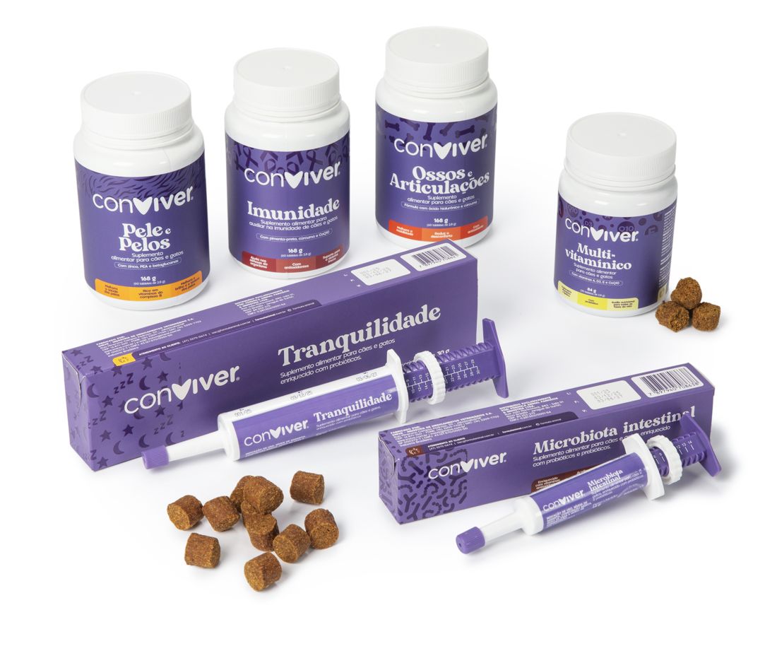 Linha completa de produtos Conviver: Pele e Pelos, Imunidade, Ossos e Articulações, Multivitamínico, Tranquilidade e Microbiota Intestinal